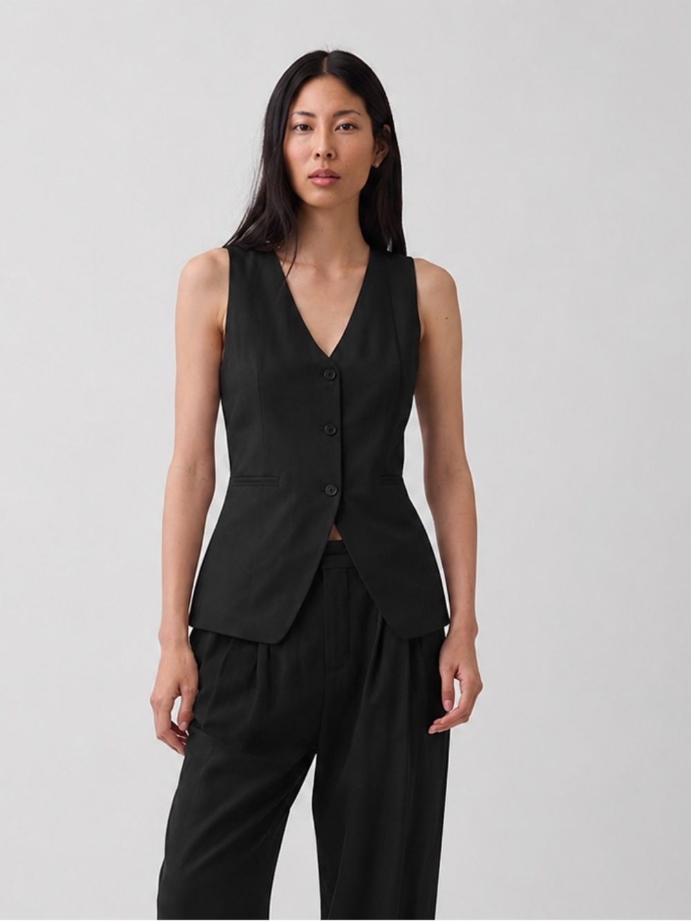 Gap Black Longline Tailored Vest Button Front Linen Blend Size Medium